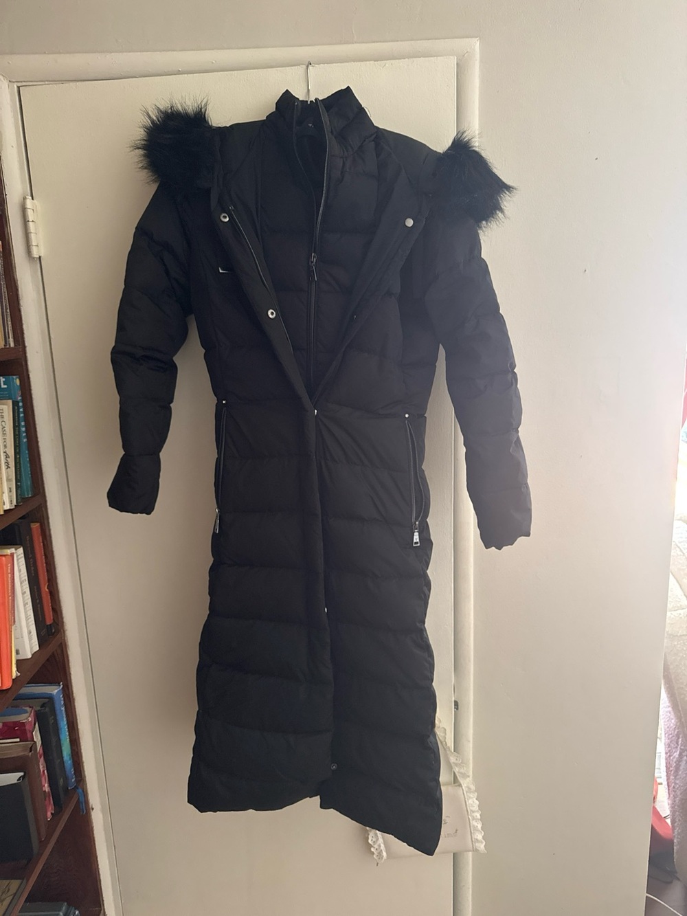 Tahari Black Long Quilted Puffer Coat with Faux-Fur Hood